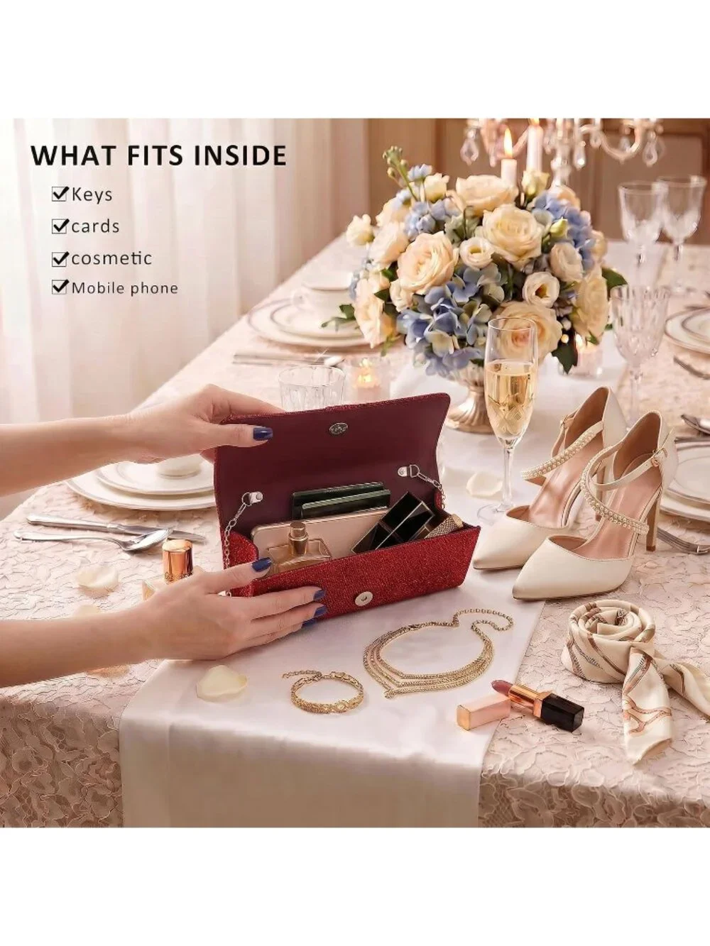 👜 Women's Red Wedding Bag Sparkling Party Handbag with Detachable Chain Purse